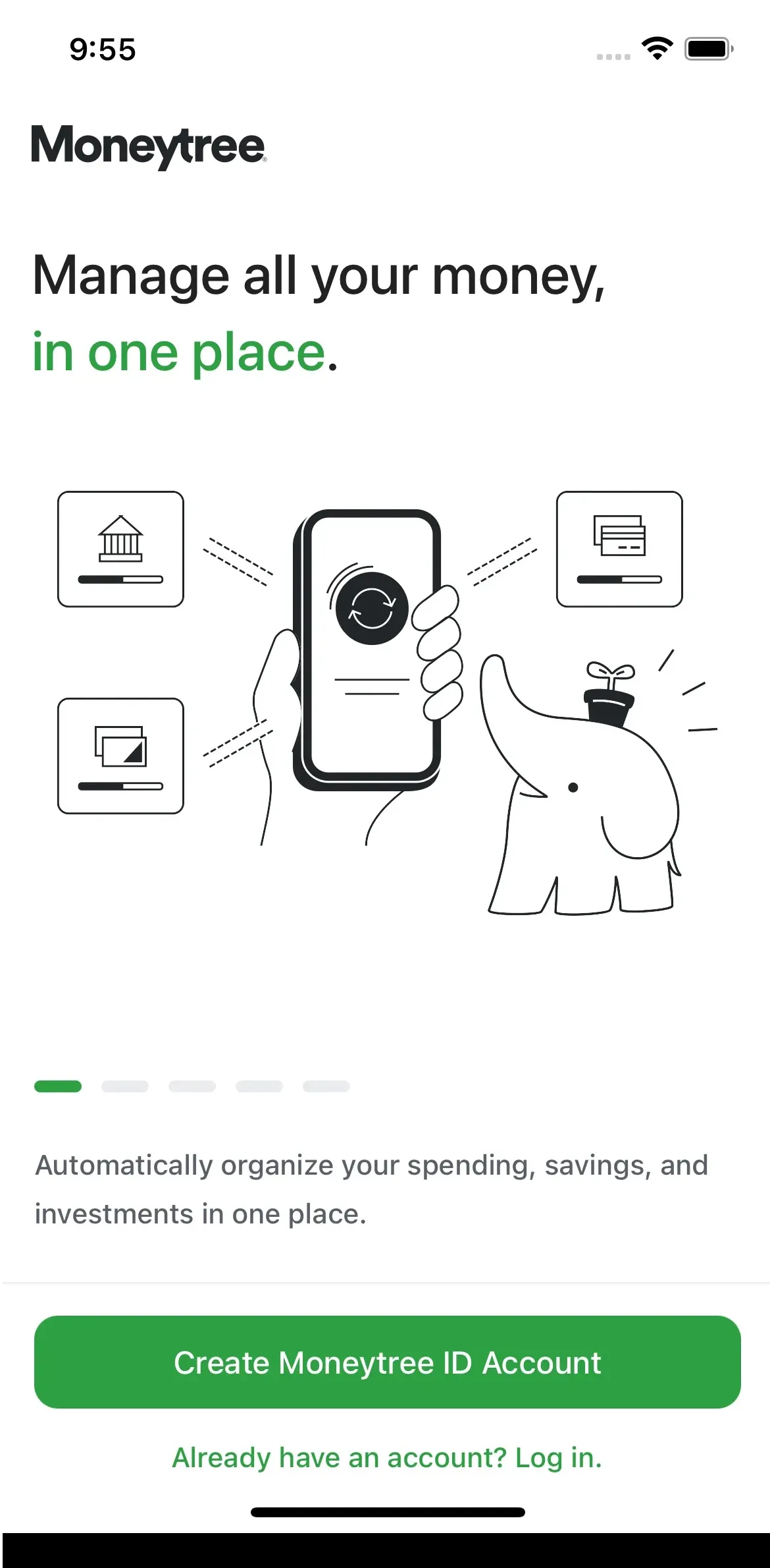 Moneytree app onboarding screen introducing account aggregation