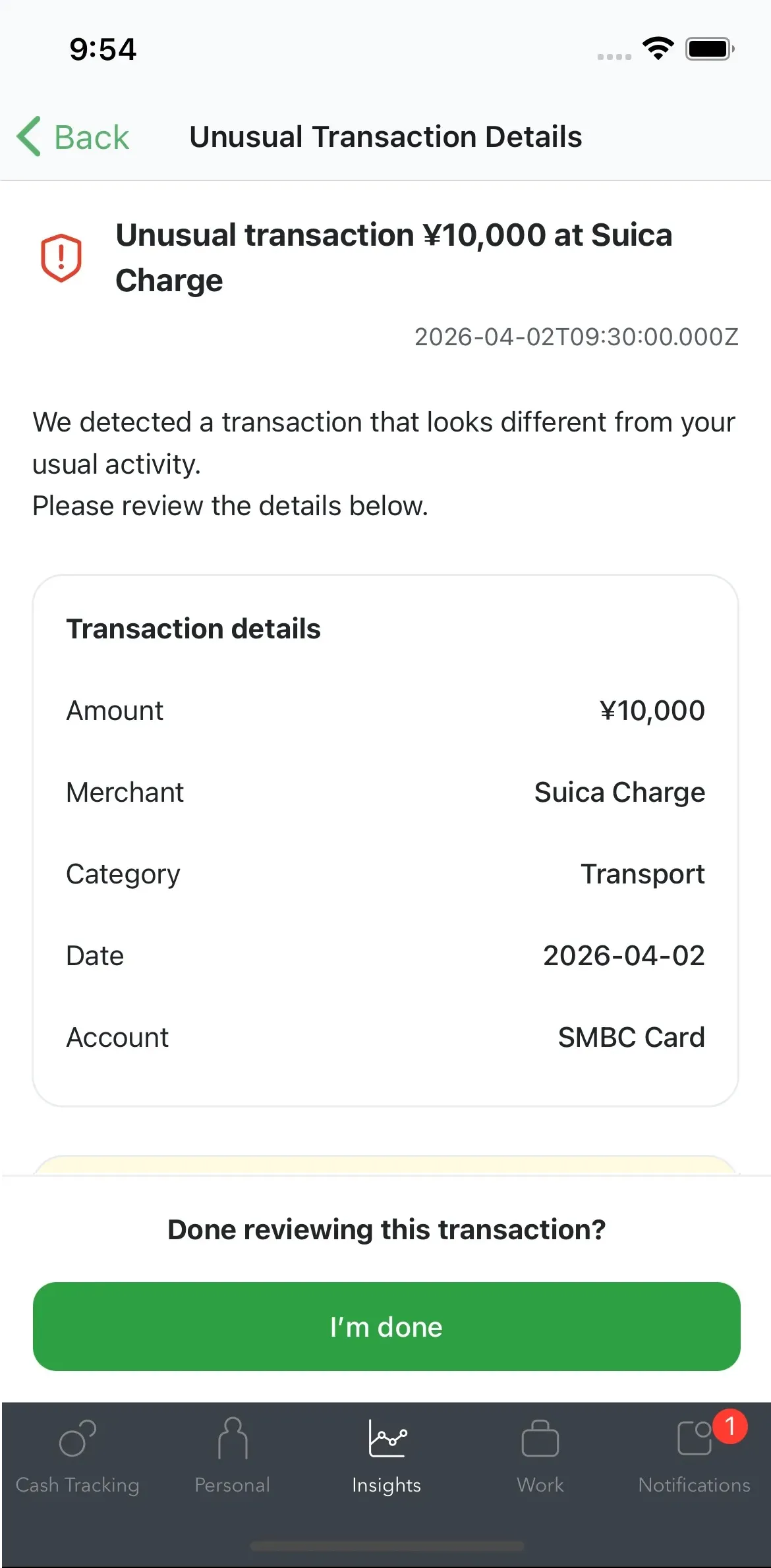 Moneytree app unusual transaction detail screen flagging a large Suica charge