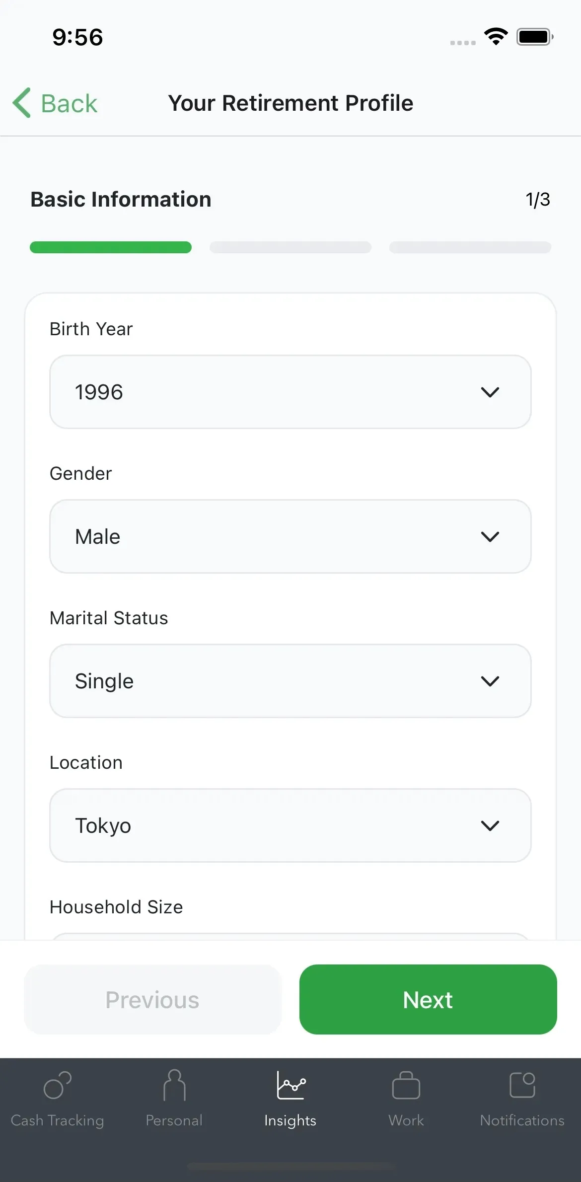 Moneytree app retirement profile form, step 1 of 3, collecting birth year, gender and location