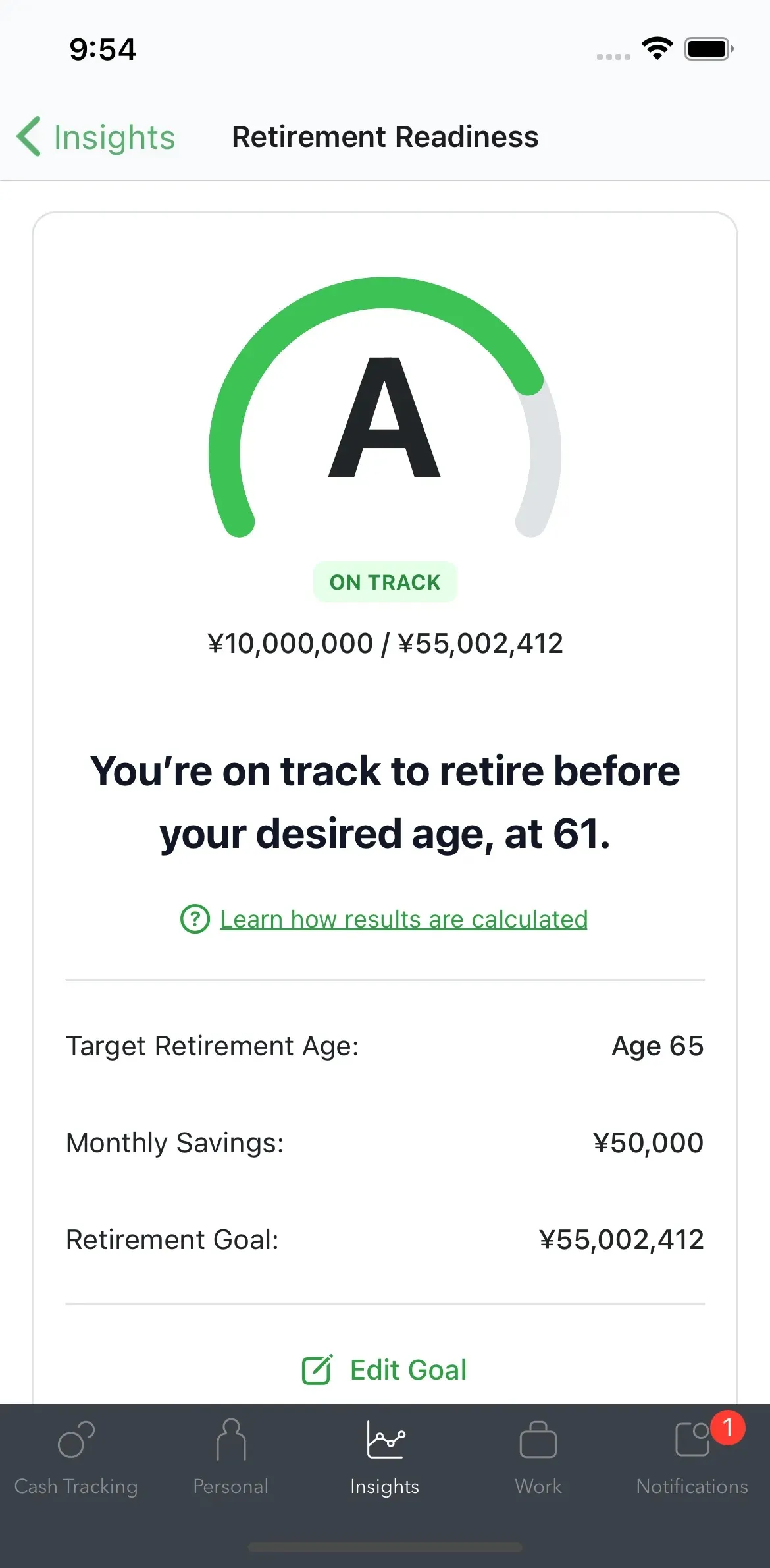 Moneytree app Retirement Readiness result screen showing an on-track "A" grade