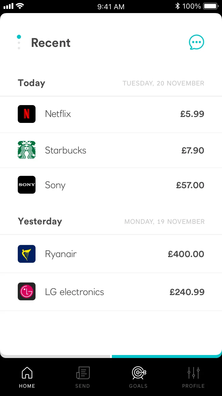 Bank account overview screen from the Teal mobile banking app