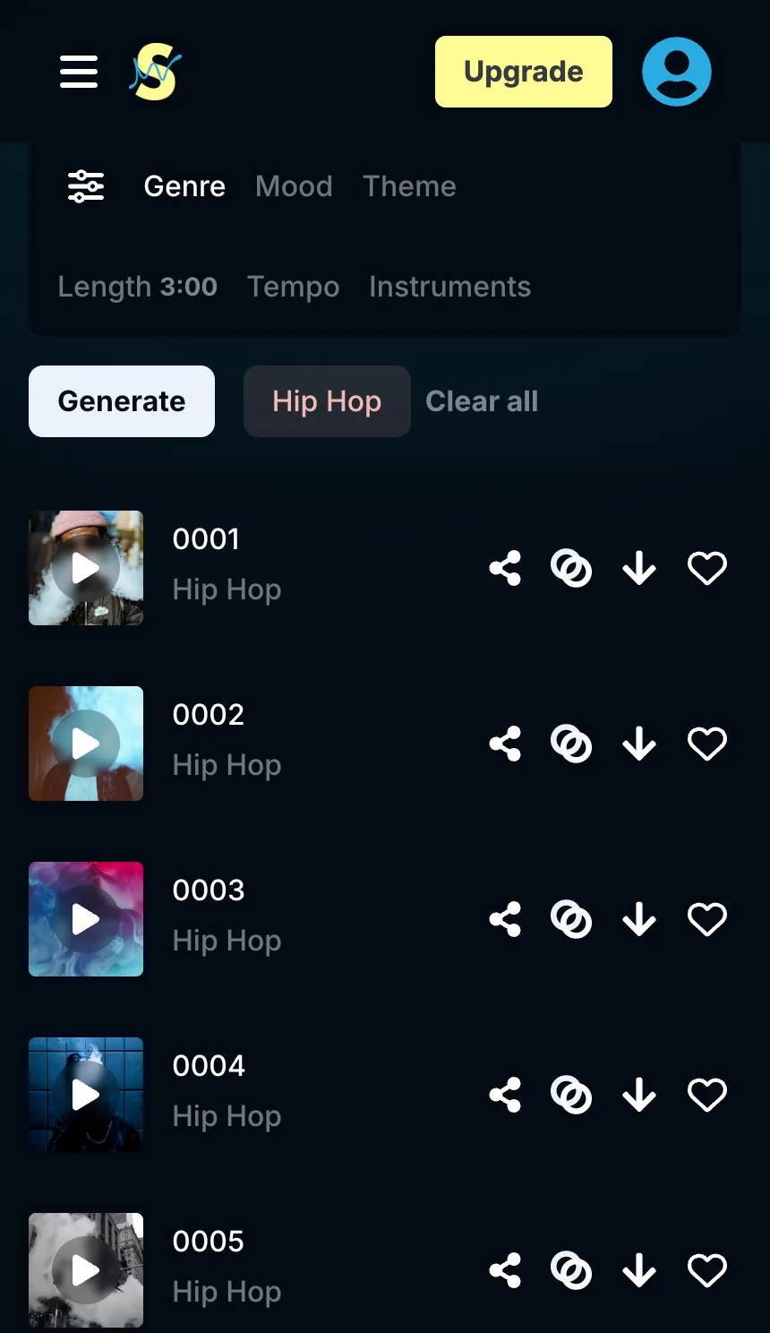 Soundraw AI mobile mixer view for a generated track
