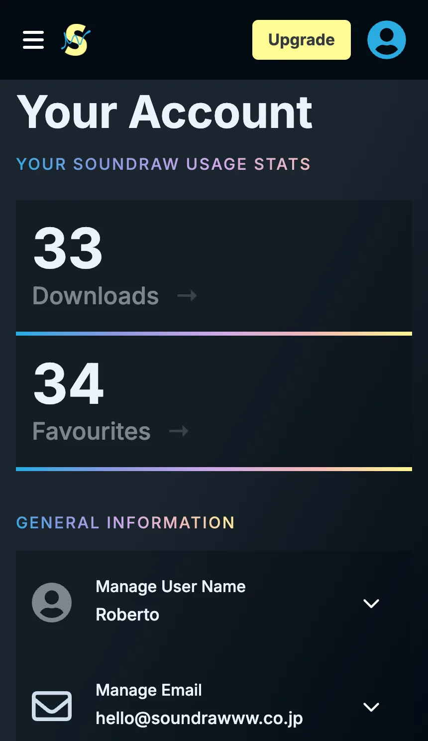 Soundraw AI account screen showing usage stats